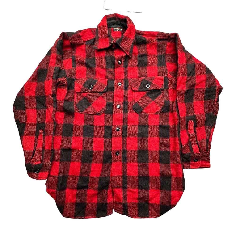 Vintage 60s Winter King Wool Buffalo Check Flannel Button Shirt Mens Medium Red